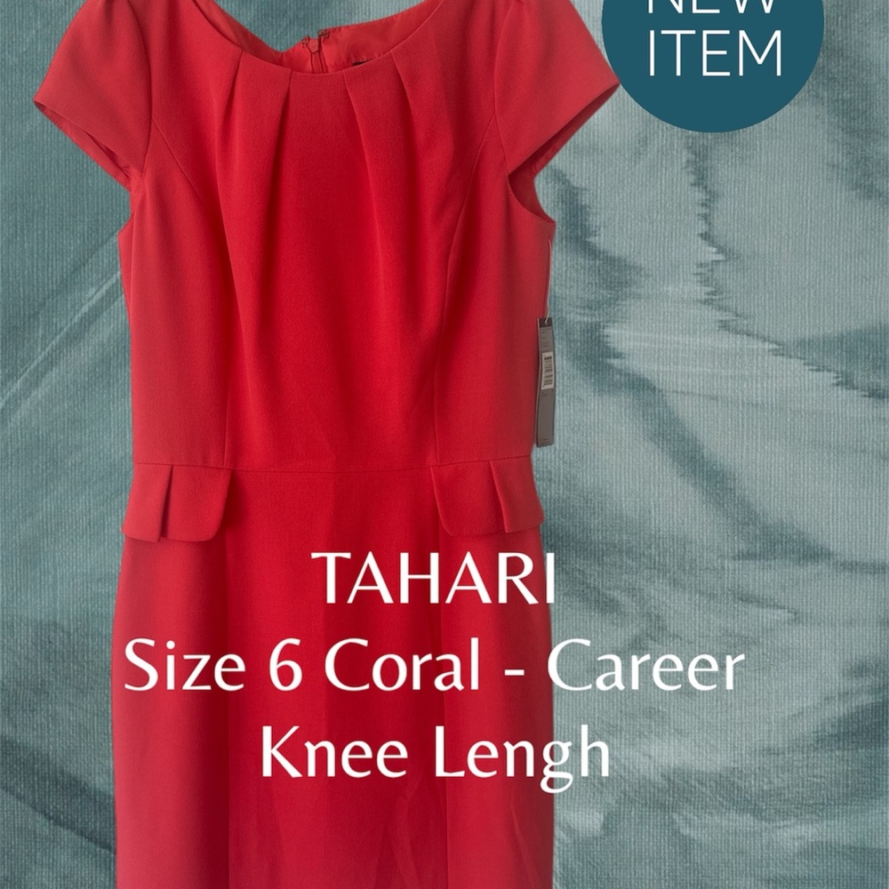 Tahari Red Sheath Midi Dress with Cap Sleeves and Bateau Neckline